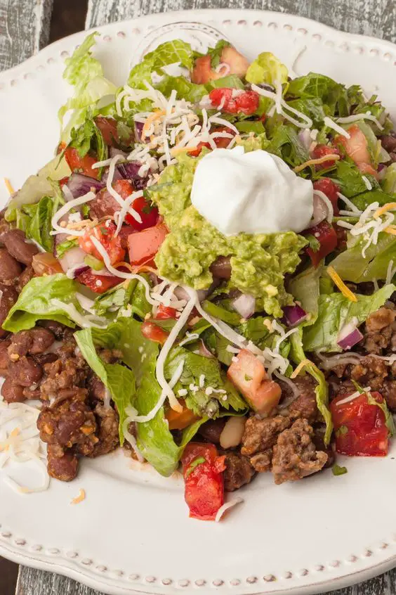 Mexican Taco Salad with Ground Beef on a white plate