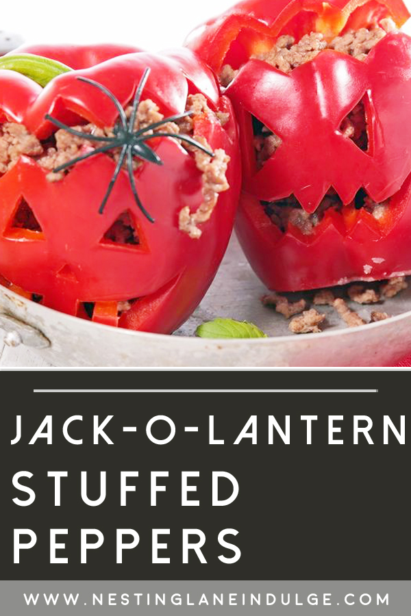 Graphic for Pinterest of Halloween Jack-O-Lantern Stuffed Peppers Recipe