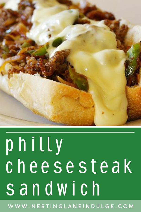 Graphic for Pinterest of Philly Cheesesteak Sandwich with Peppers and Onions.