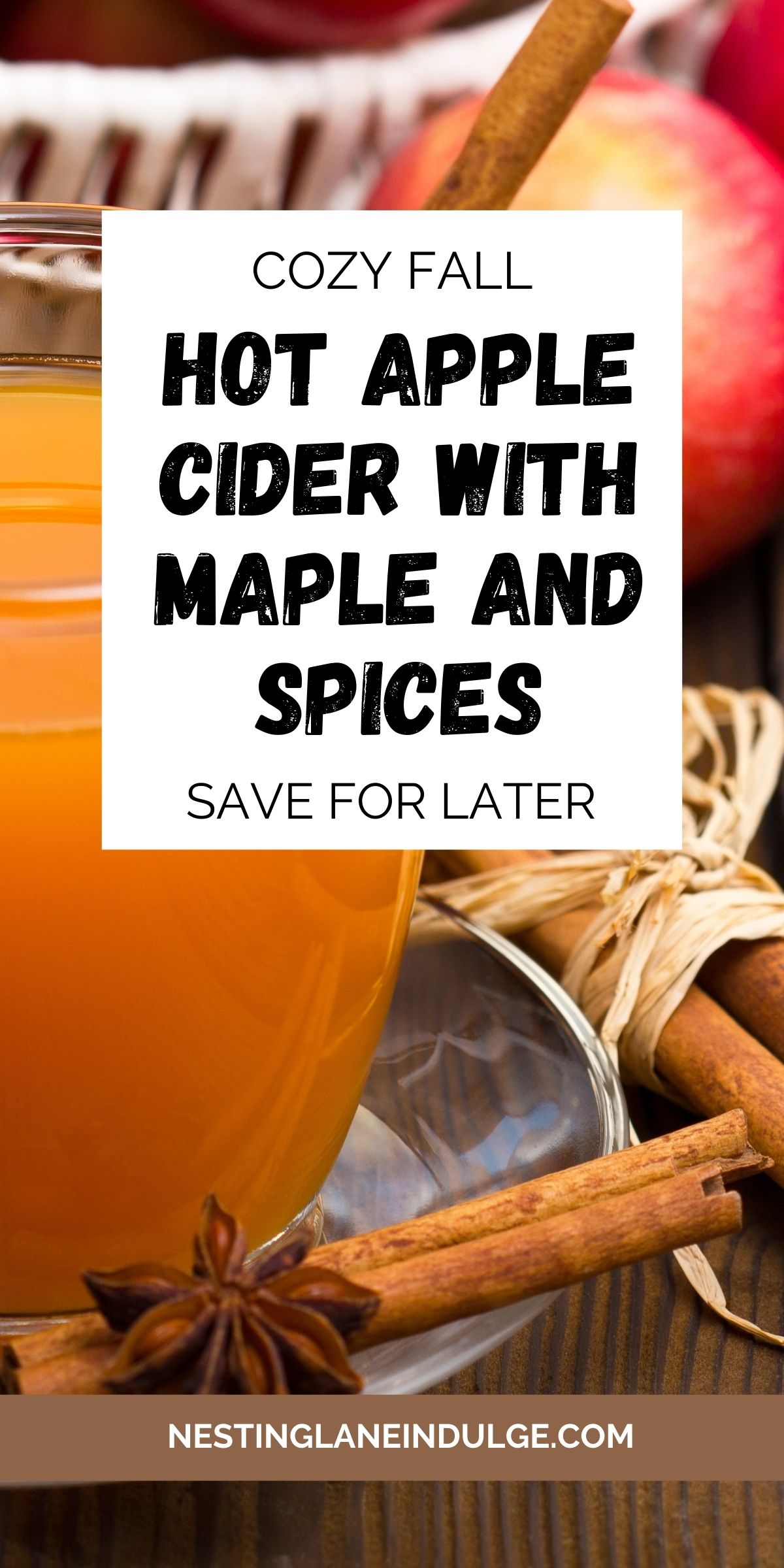 A glass of hot apple cider sits on a wooden table, garnished with star anise and cinnamon sticks. Fresh red apples and rustic twine are in the background. A text overlay reads: “Cozy Fall Hot Apple Cider with Maple and Spices – Save for Later” with the website nestinglaneindulge.com at the bottom.