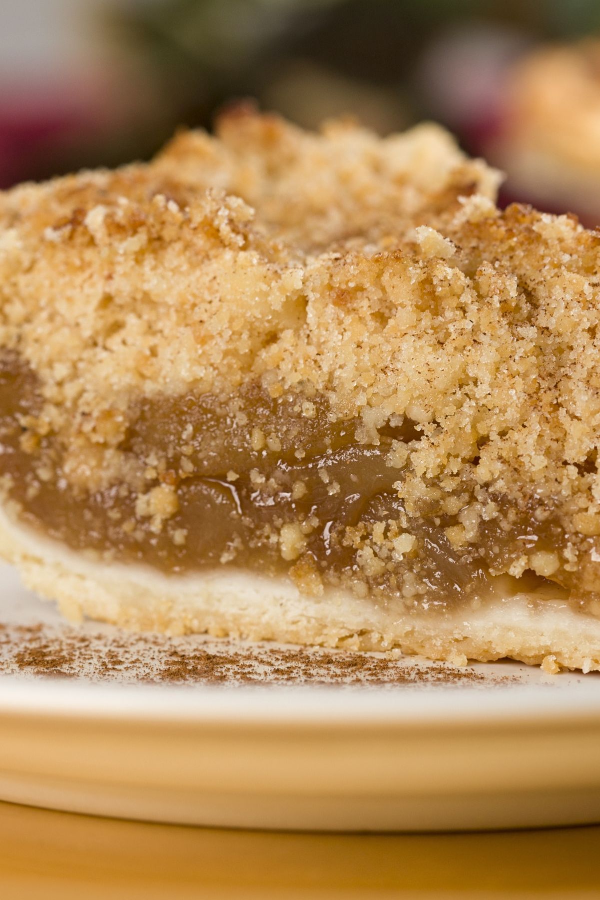 Close-up of a Granny Smith apple crumb pie slice with buttery streusel topping, gooey cinnamon-spiced apple filling, and flaky pie crust on a white plate lightly dusted with cinnamon.