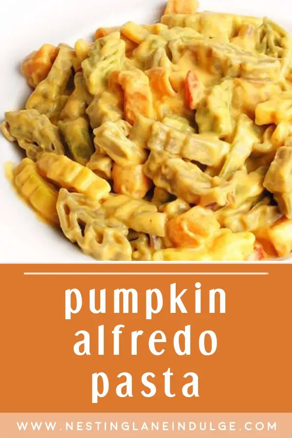 Graphic for Pinterest of Pumpkin Alfredo Pasta with Chicken Sausage