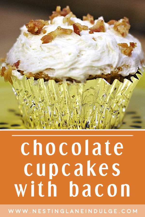 Graphic for Pinterest of Chocolate Cupcakes with Bacon Recipe.