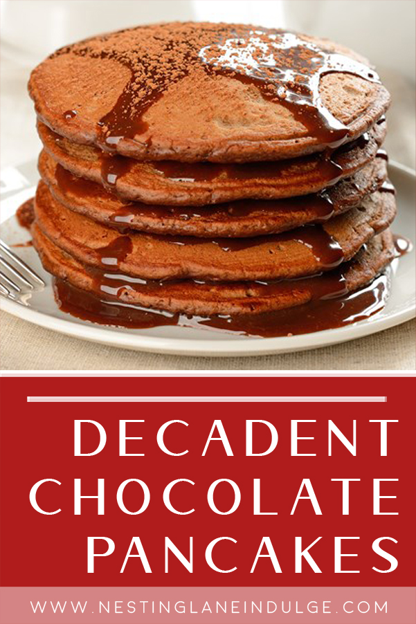 Graphic for Pinterest of Decadent Chocolate Pancakes Recipe.
