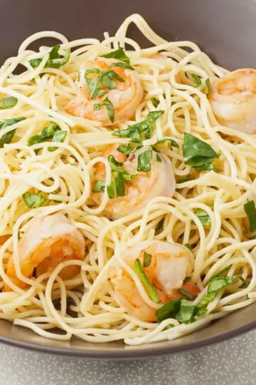 Closeup of Shrimp and Pasta with Lemon Sauce.