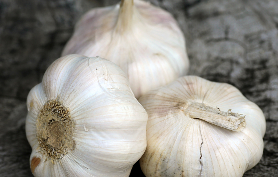 3 whole garlic on a dark surface.