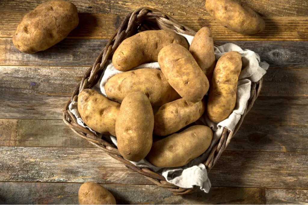 Russet potatoes in a brown basket lined with a white cloth.