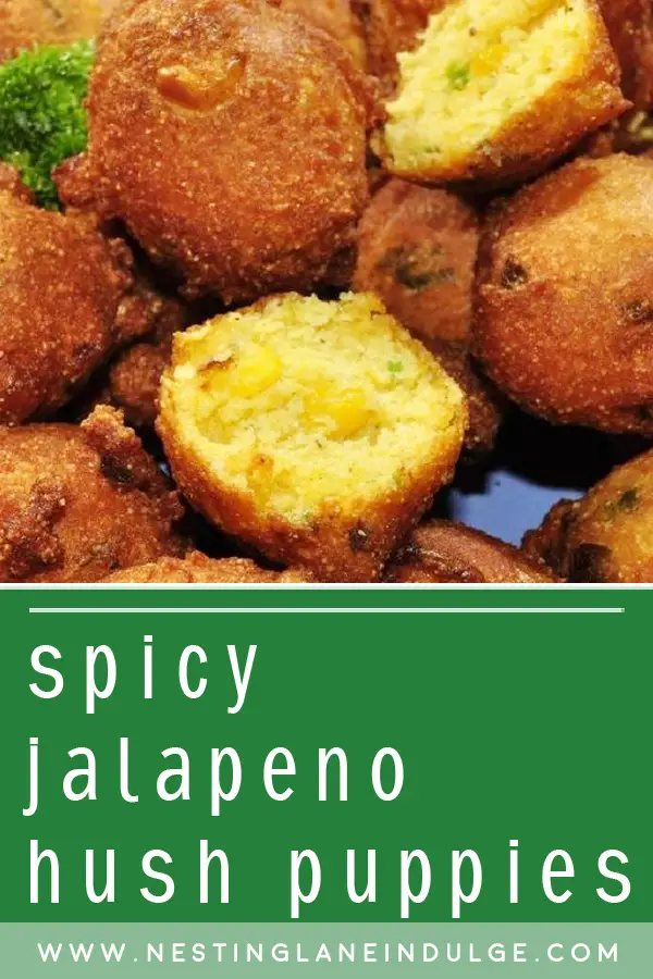 Graphic for Pinterest of Spicy Jalapeno Hush Puppies Recipe.