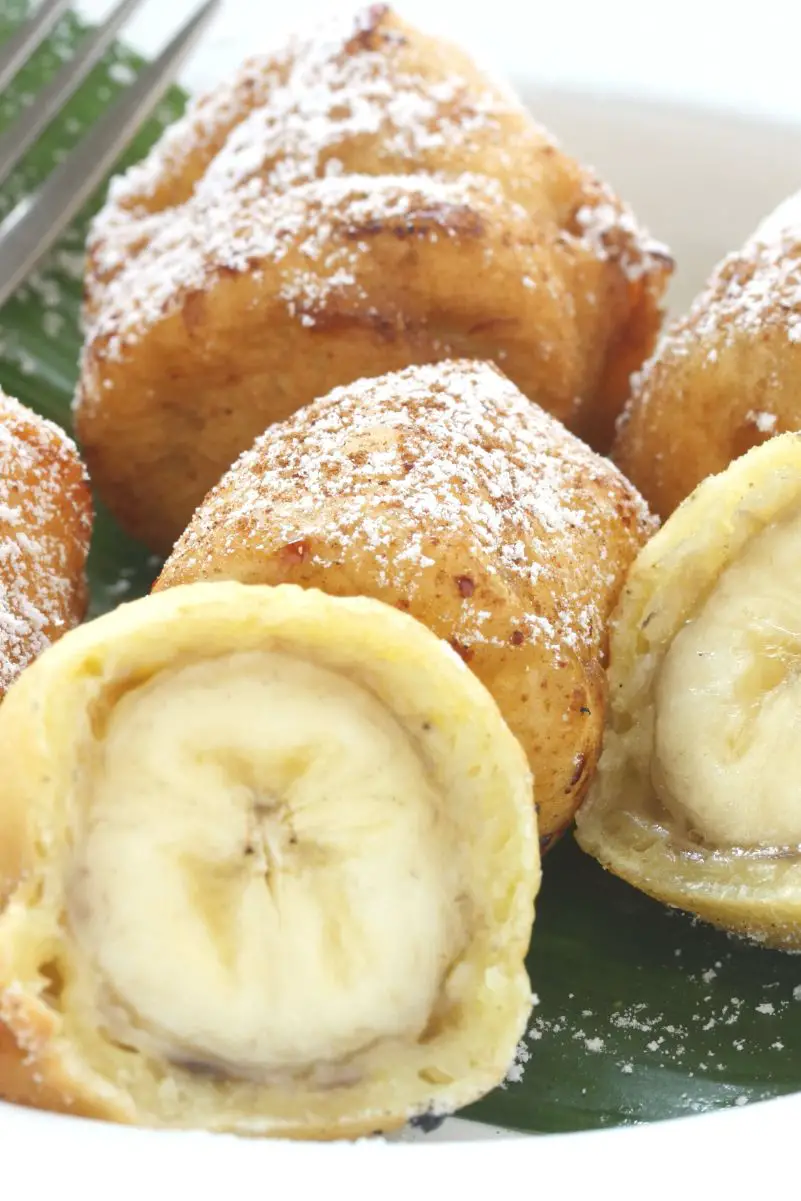 Closeup of Banana fritters in a bowl. 