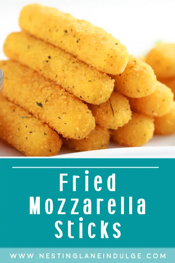 Graphic for Pinterest of Easy Fried Mozzarella Cheese Sticks Recipe.