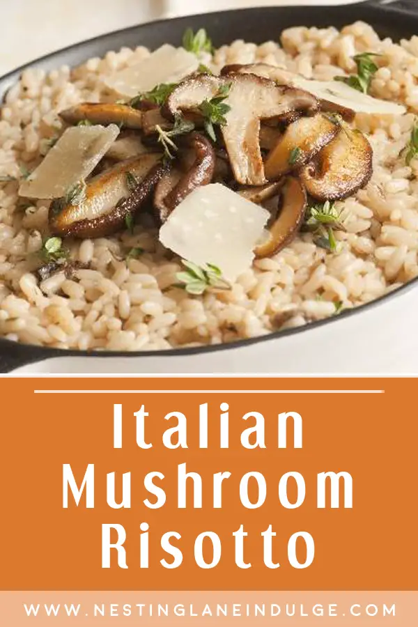Graphic for Pinterest of Homemade Italian Mushroom Risotto Recipe.