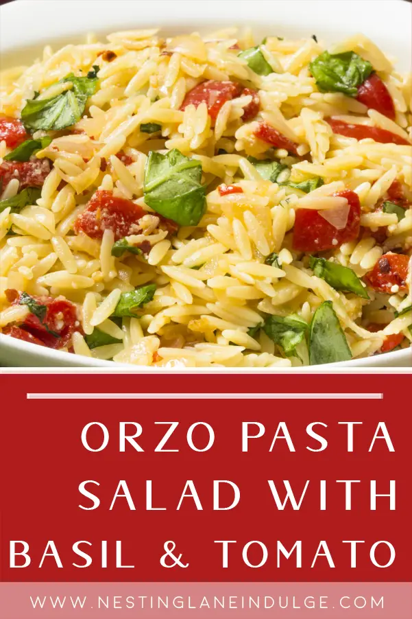 Graphic for Pinterest of Tomato and Basil Orzo Pasta Recipe.