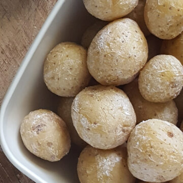 Easy Salt Potatoes from Syracuse, NY in a square, white bowl.