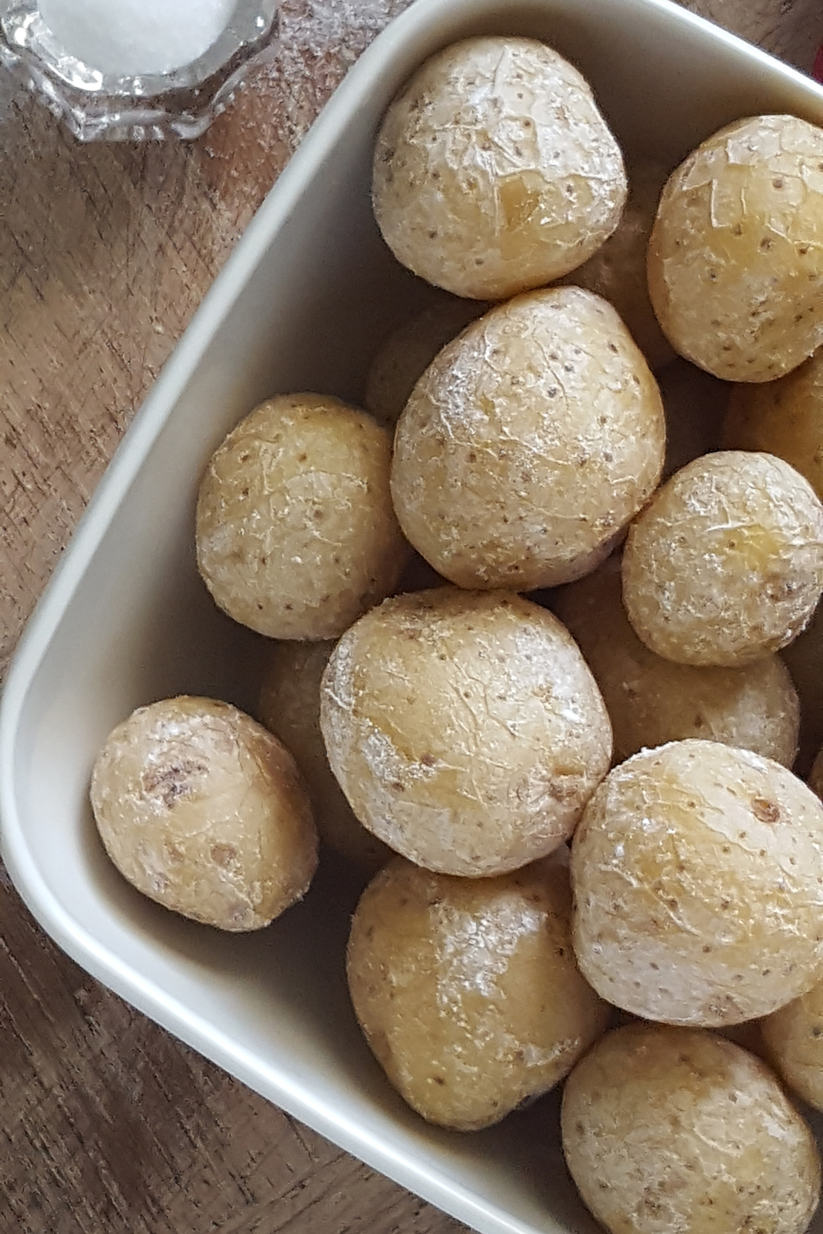 Easy Salt Potatoes from Syracuse, NY in a square, white bowl.