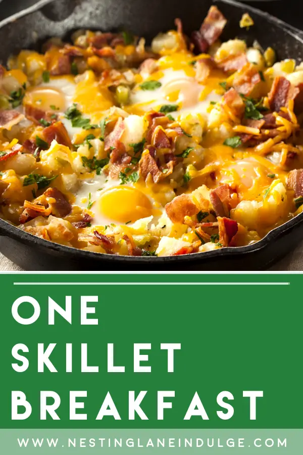 Graphic for Pinterest of Skillet Breakfast - Egg, Bacon, and Potatoes Recipe.