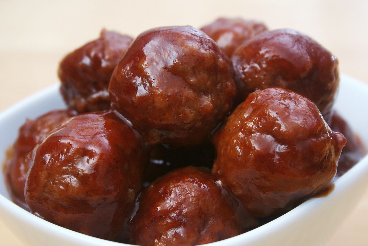 Barbecue Meatballs in a white bowl.