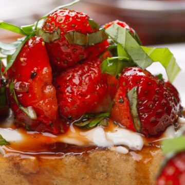 Closeup of Delicious Strawberry & Goat Cheese Bruschetta.