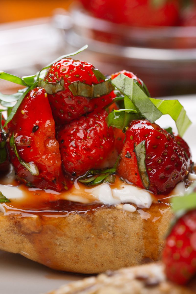 Closeup of Delicious Strawberry & Goat Cheese Bruschetta.