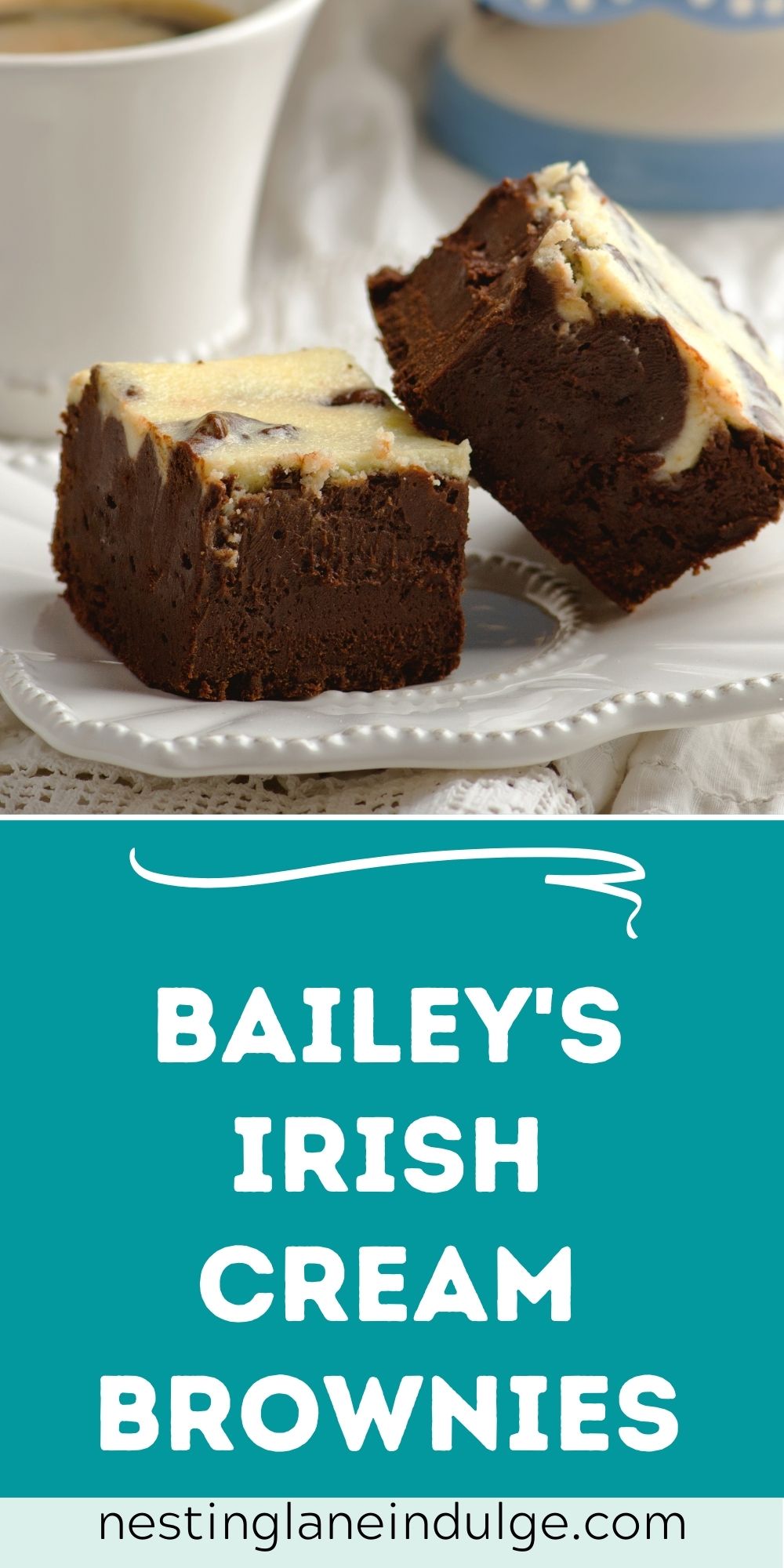 Graphic for Pinterest of Luxurious Bailey's Irish Cream Infused Brownies Recipe.