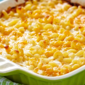 Best Baked Macaroni and Cheese in a green casserole dish.