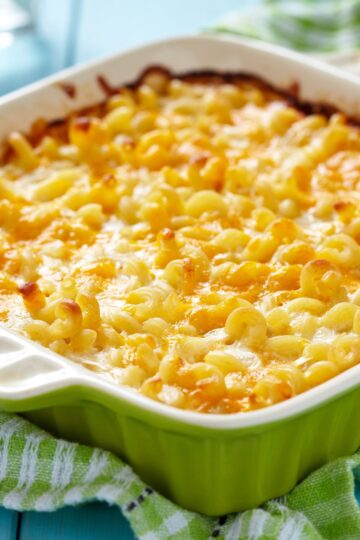 Best Baked Macaroni and Cheese in a green casserole dish.