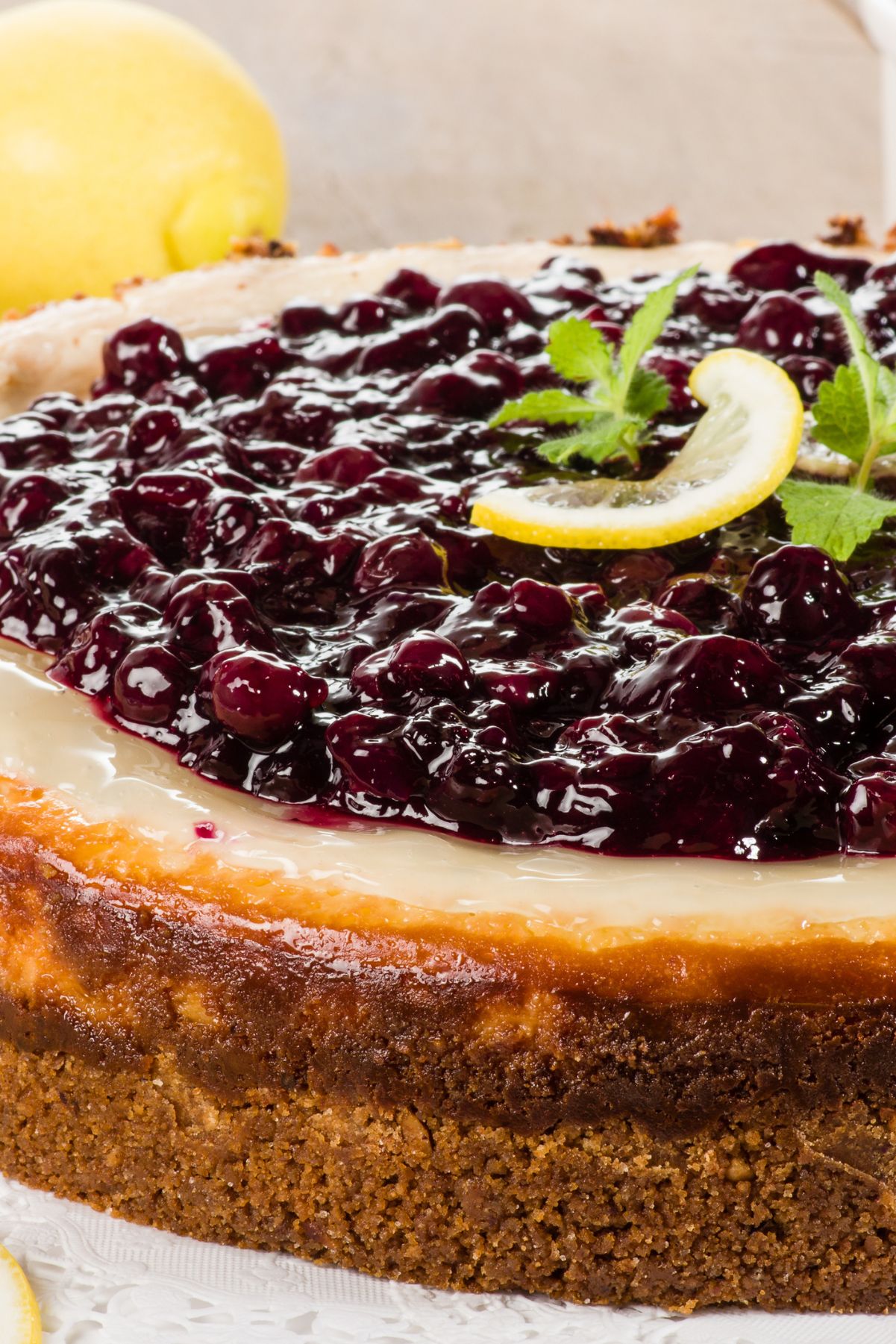 Closeup of Best Lemon Cheesecake with Blueberries.