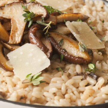 Closeup of Homemade Italian Mushroom Risotto in a pan.