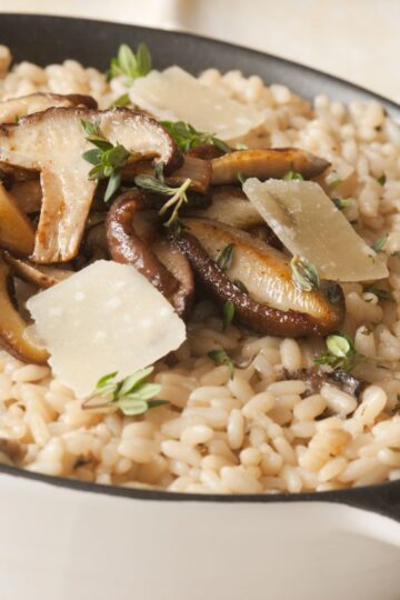 Closeup of Homemade Italian Mushroom Risotto in a pan.