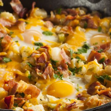 Closeup of Skillet Breakfast - Egg, Bacon, and Potatoes.