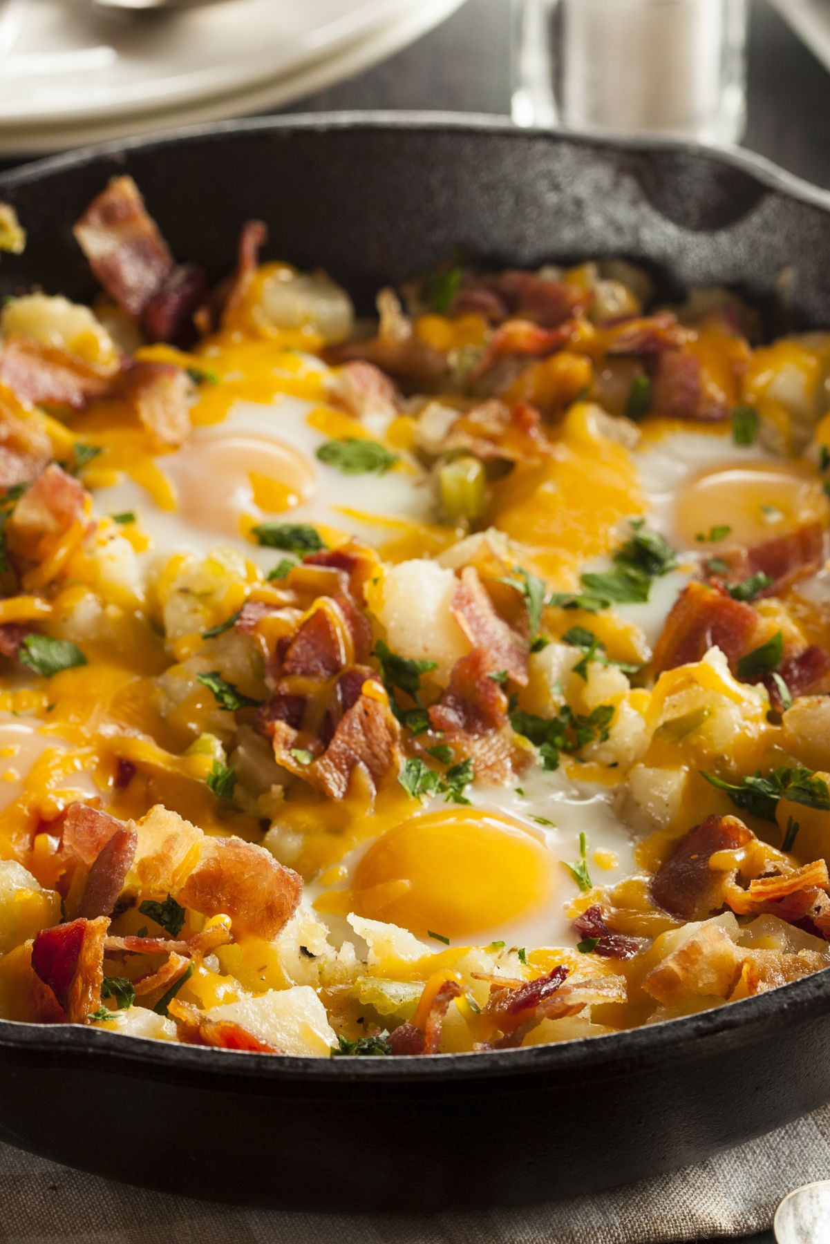 Closeup of Skillet Breakfast - Egg, Bacon, and Potatoes.