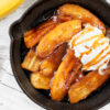 Closeup of Quick and Easy Bananas Foster in a cast iron skillet