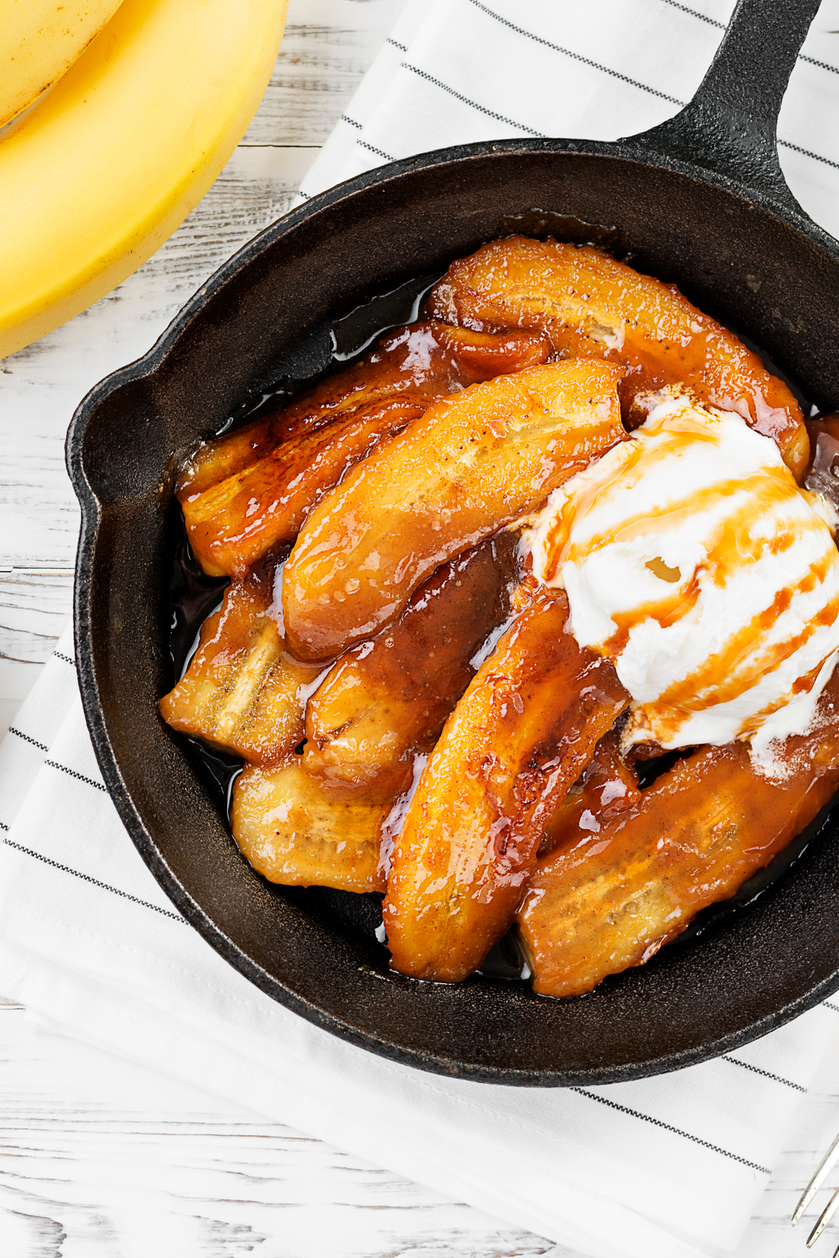 Closeup of Quick and Easy Bananas Foster in a cast iron skillet