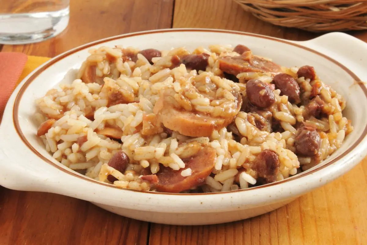 Cajun Red Beans and Rice in a white bowl.