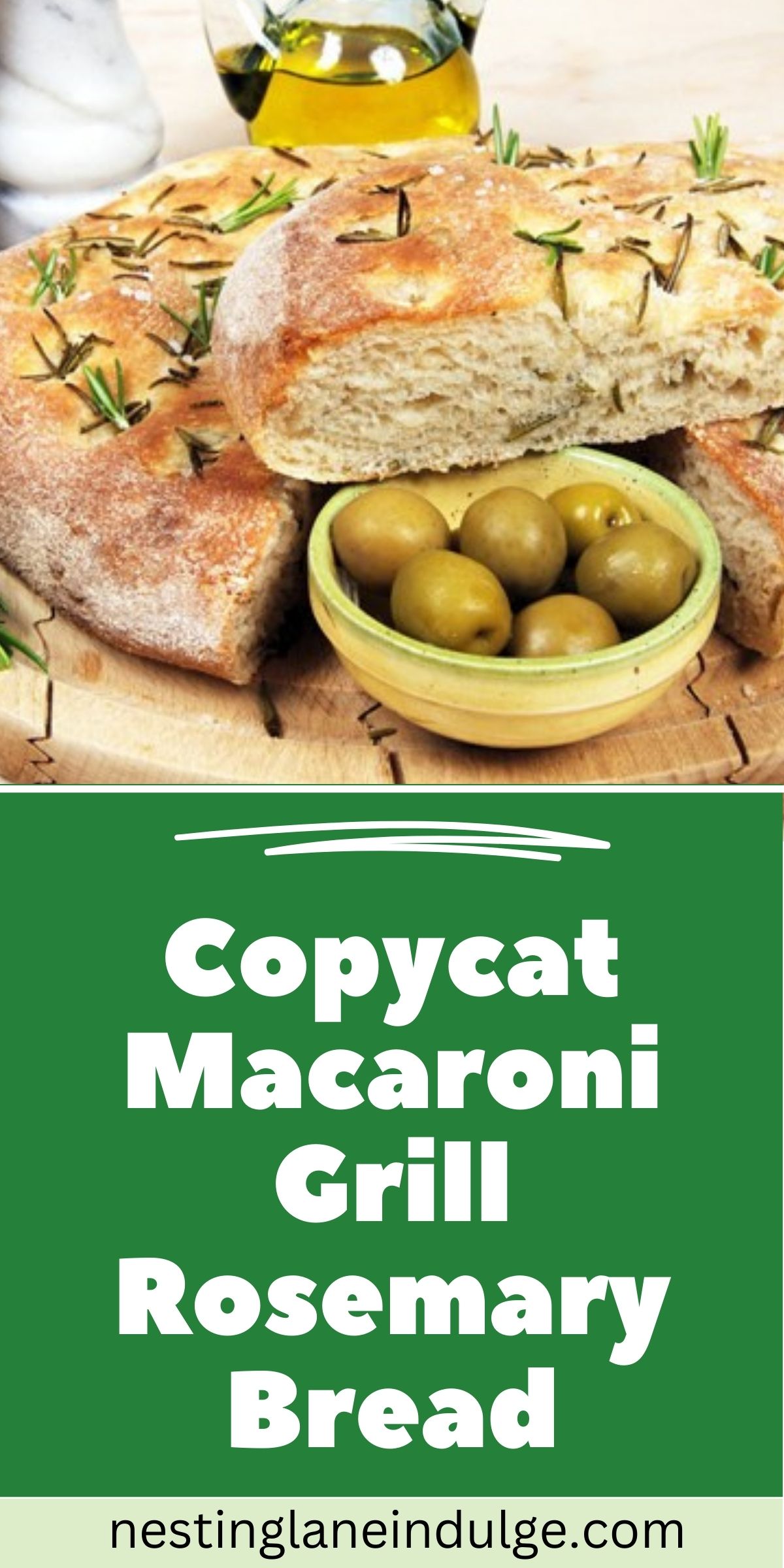 Graphic for Pinterest of Copycat Macaroni Grill Rosemary Bread Recipe.