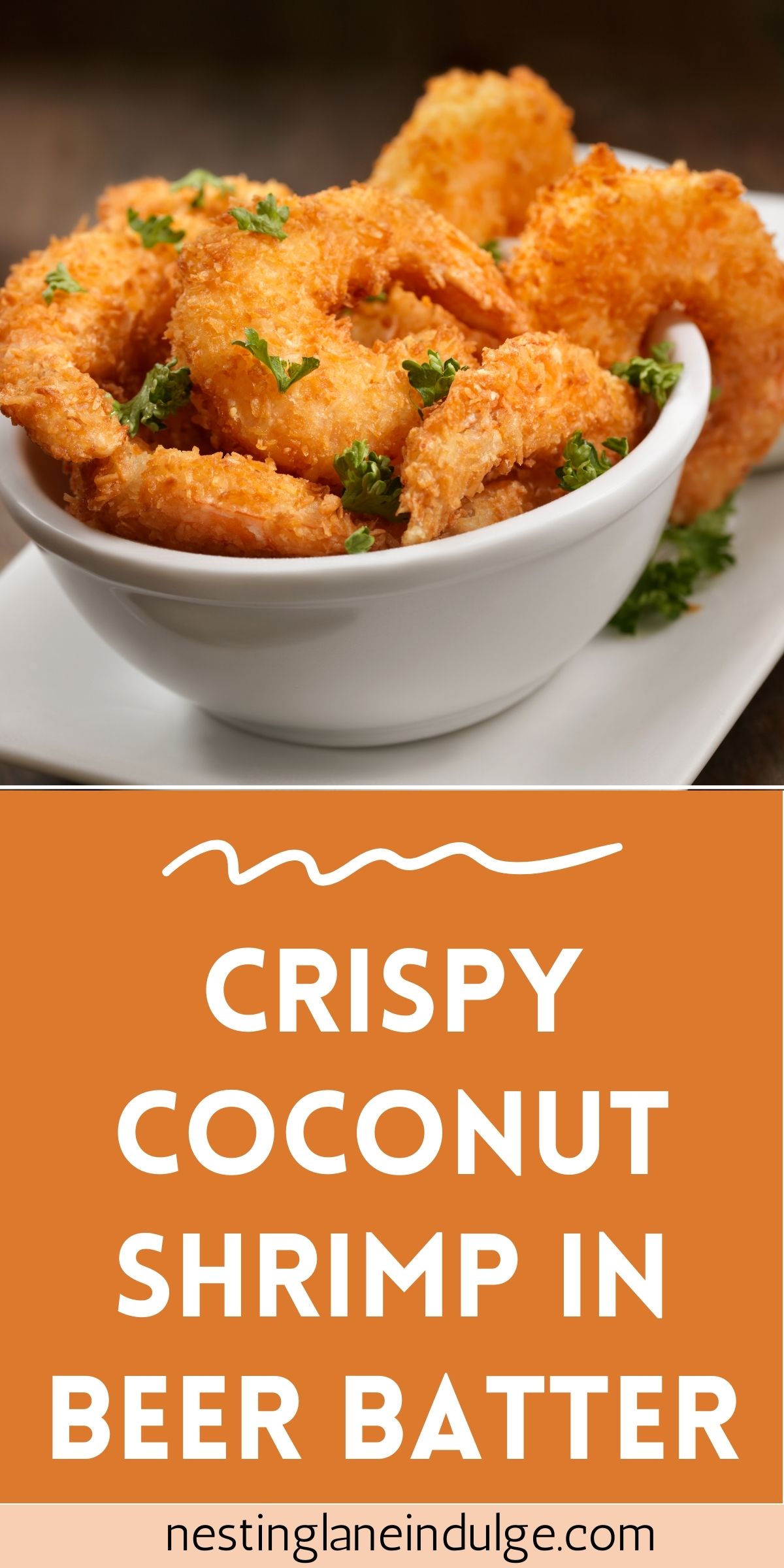 Graphic for Pinterest of Crispy Coconut Shrimp in Beer Batter Recipe.