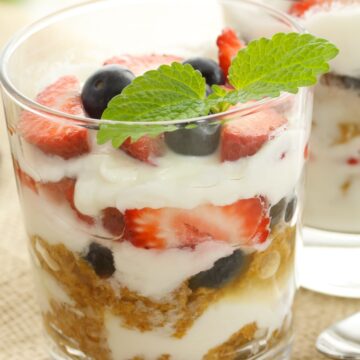 Closeup of Easy Mixed Berry Yogurt Parfait in a clear glass.