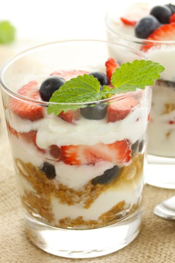 Closeup of Easy Mixed Berry Yogurt Parfait in a clear glass.