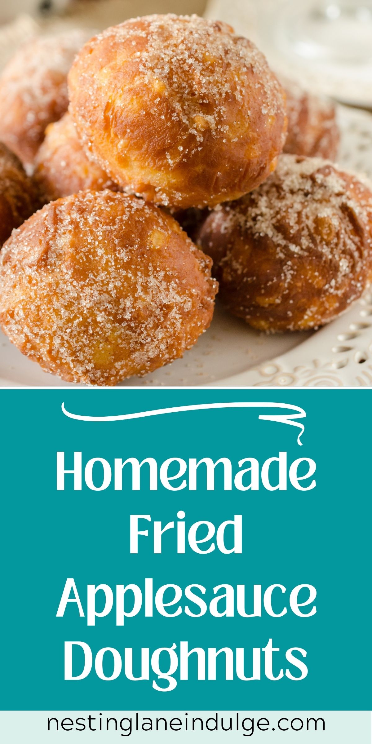 Graphic for Pinterest of Homemade Fried Applesauce Doughnuts Recipe.