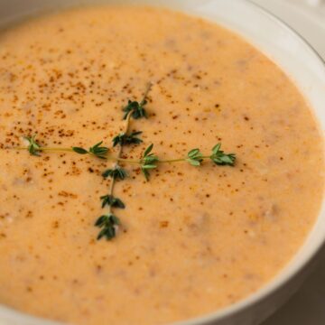 Closeup of a bowl of Lobster Bisque.