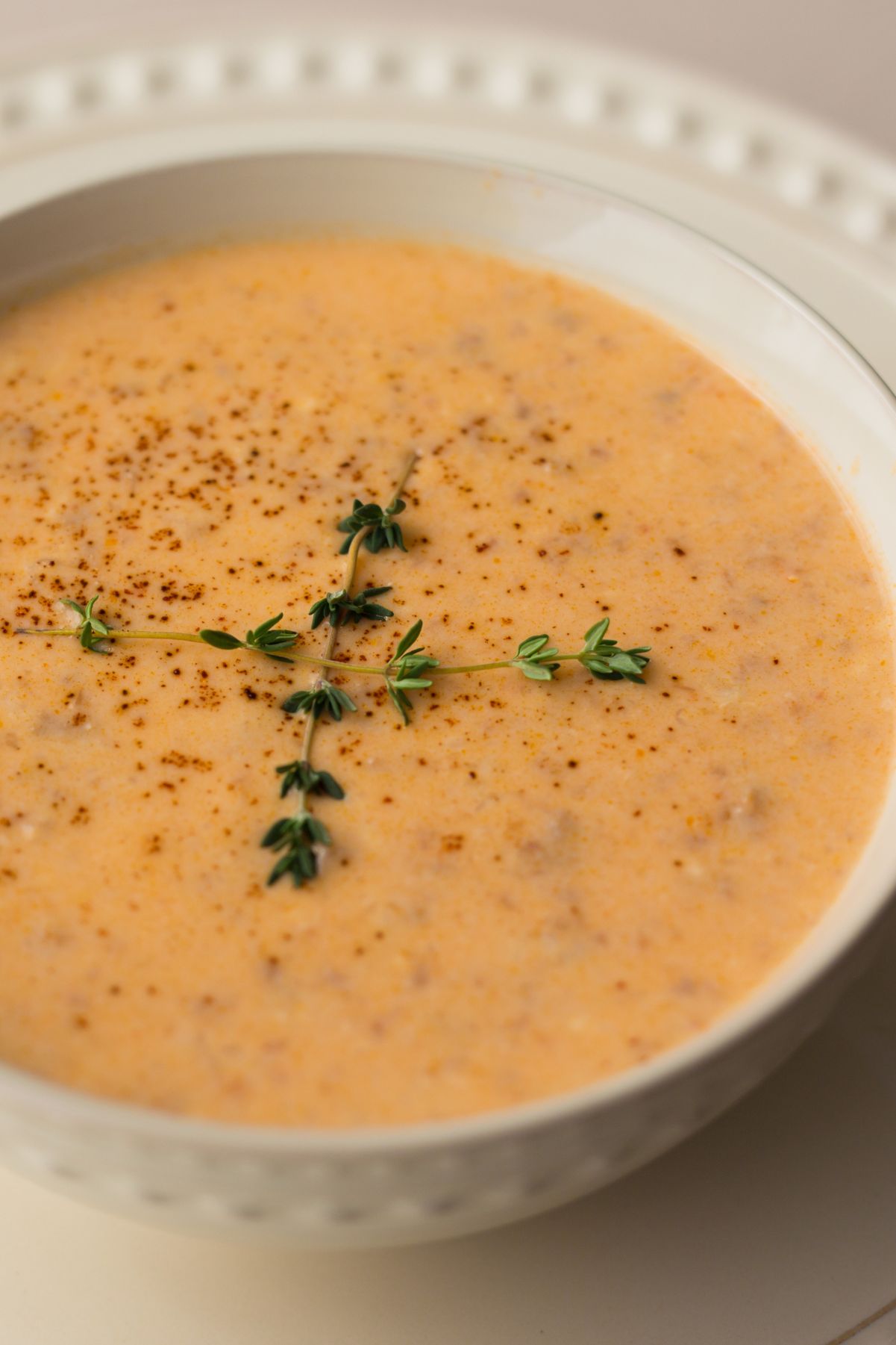 Closeup of a bowl of Lobster Bisque.