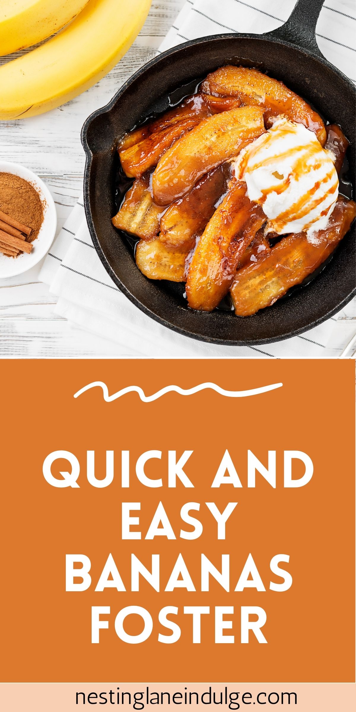 Graphic for Pinterest of Quick and Easy Bananas Foster Recipe.