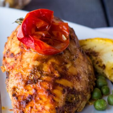 Closeup of Quick and Easy Chicken Lazone on a white plate.