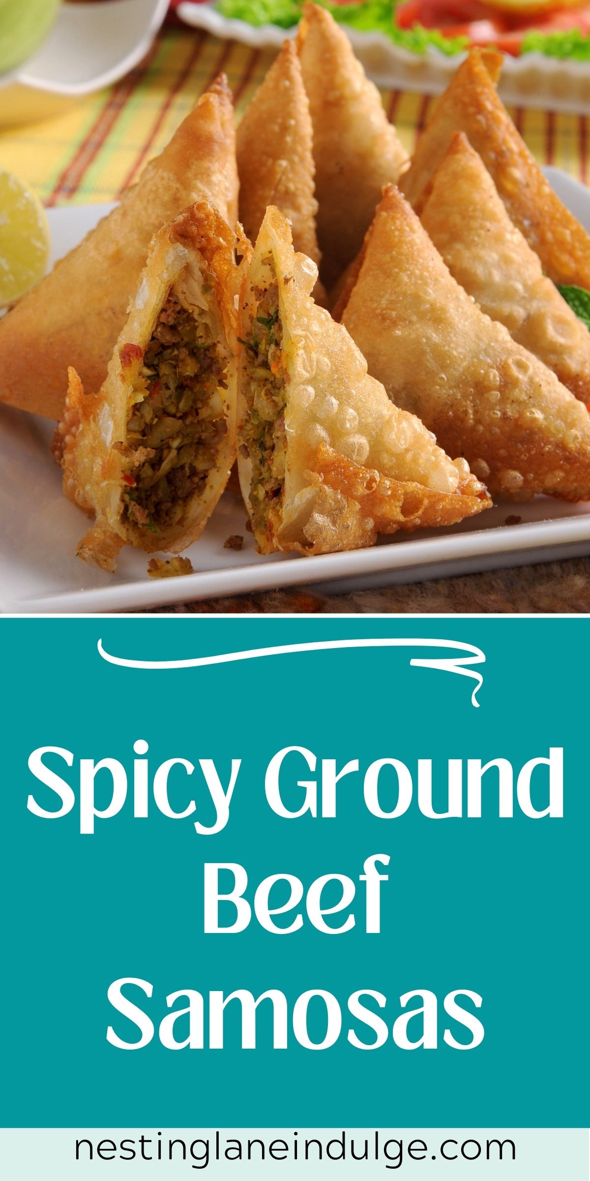 Graphic for Pinterest of Spicy Ground Beef Samosas Recipe.