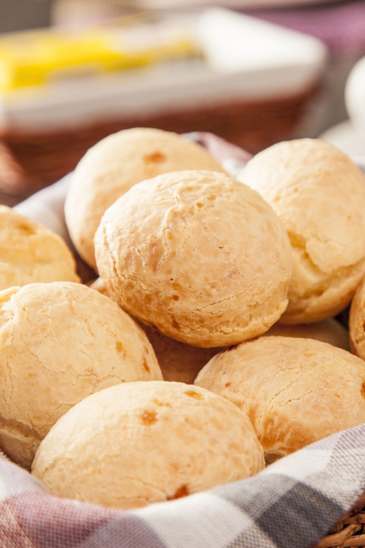 Closeup of Homemade Brazilian Cheese Bread in a basket.