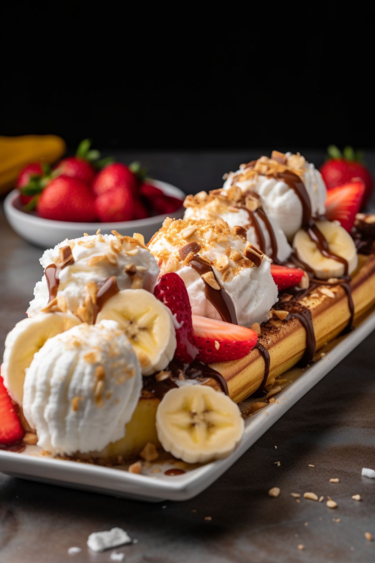 Easy Broiled Banana Split on a long rectangular plate.