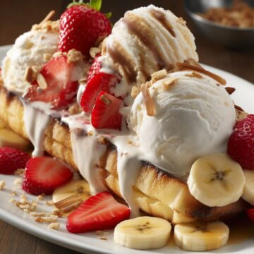 Closeup of Easy Broiled Banana Split piled high with vanilla ice cream, strawberries, bananas, and nuts. Drizzled with chocolate sauce.