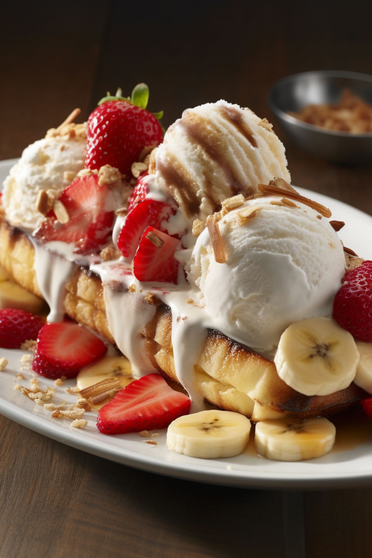Closeup of Easy Broiled Banana Split piled high with vanilla ice cream, strawberries, bananas, and nuts.