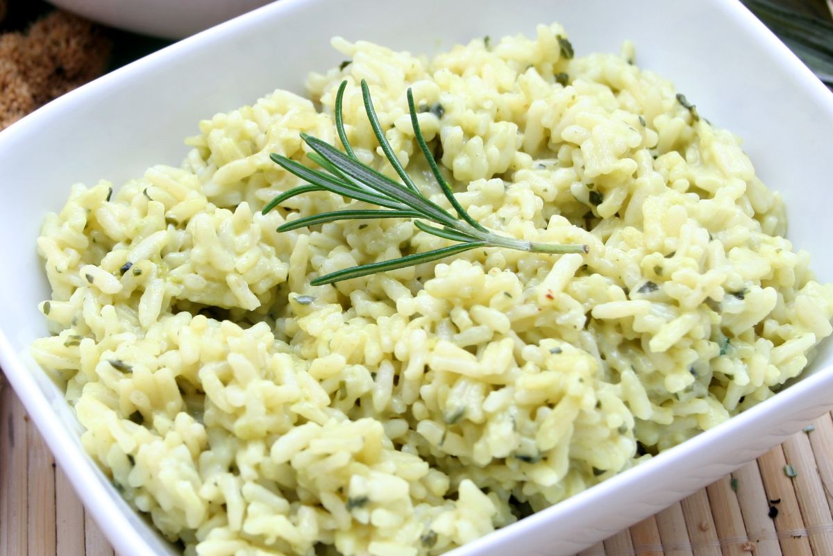 Easy Skillet Garlic Rice in a square white bowl.