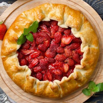 Overhead closeup view of Simple and Delicious Strawberry Galette