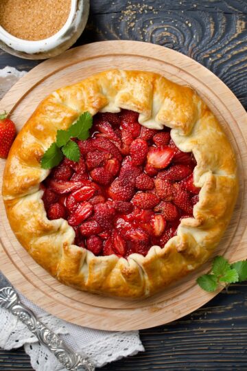 Overhead closeup view of Simple and Delicious Strawberry Galette